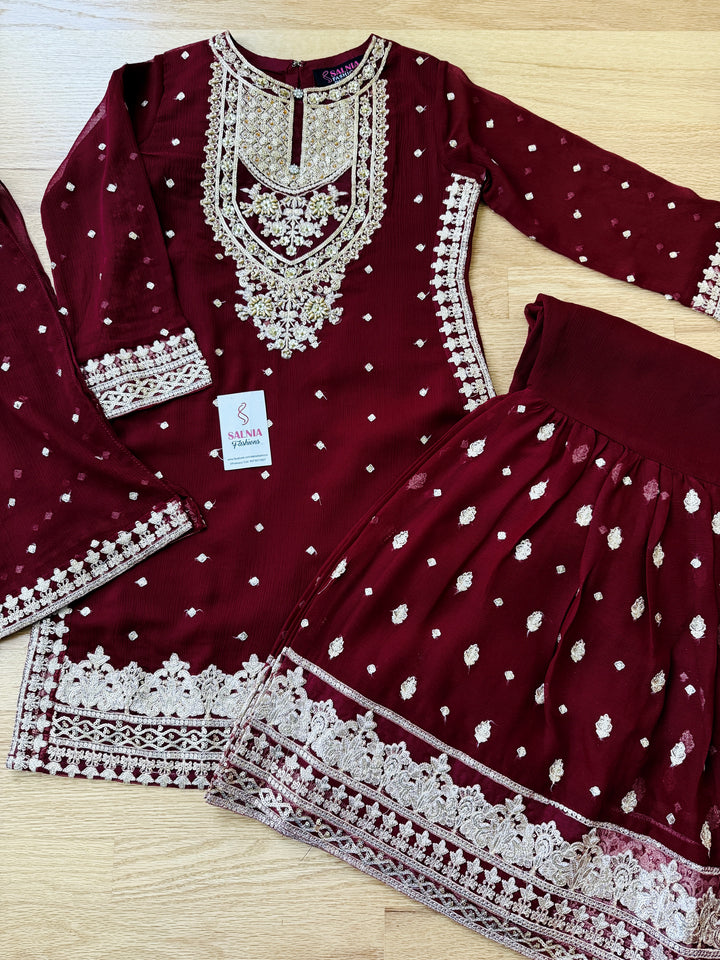 EMBROIDERED CHIFFON KIDS 3-PC SUIT DARK RED ALKD53