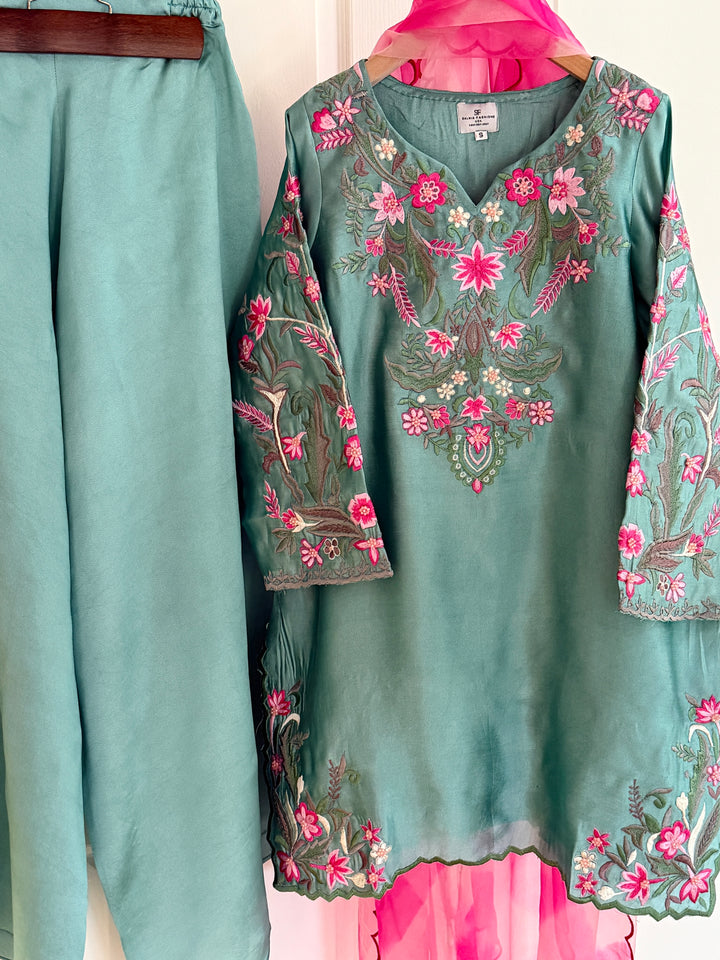 MULTI COLOR EMBROIDERED CUTWORK SHEESHA SILK BOX PLEATED SUIT FRSH90