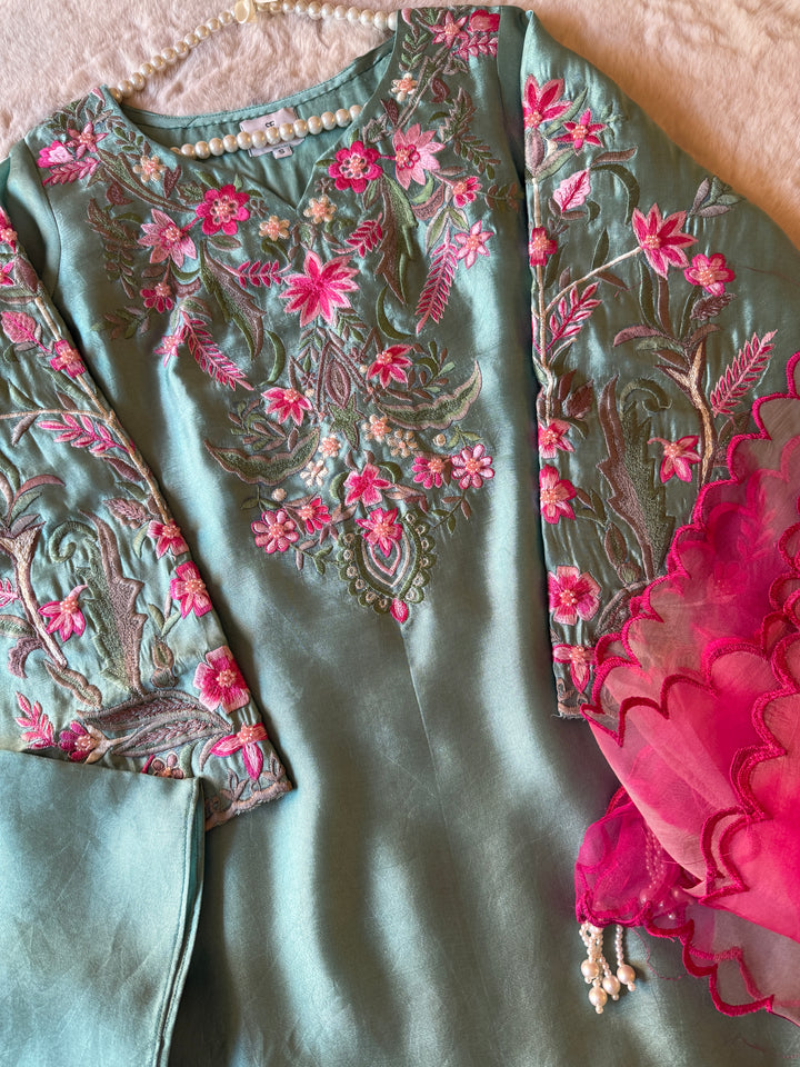 MULTI COLOR EMBROIDERED CUTWORK SHEESHA SILK BOX PLEATED SUIT FRSH90