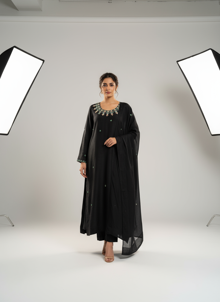 Model wearing black embroidered outfit