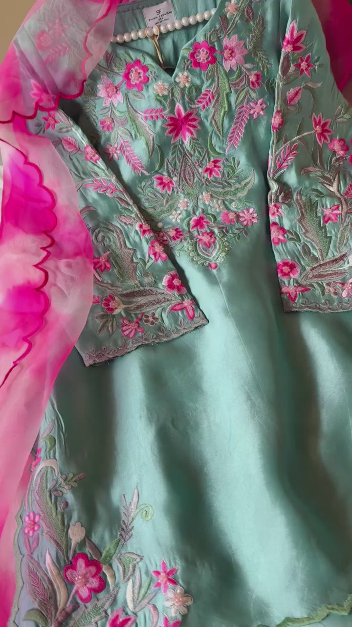 MULTI COLOR EMBROIDERED CUTWORK SHEESHA SILK BOX PLEATED SUIT FRSH90