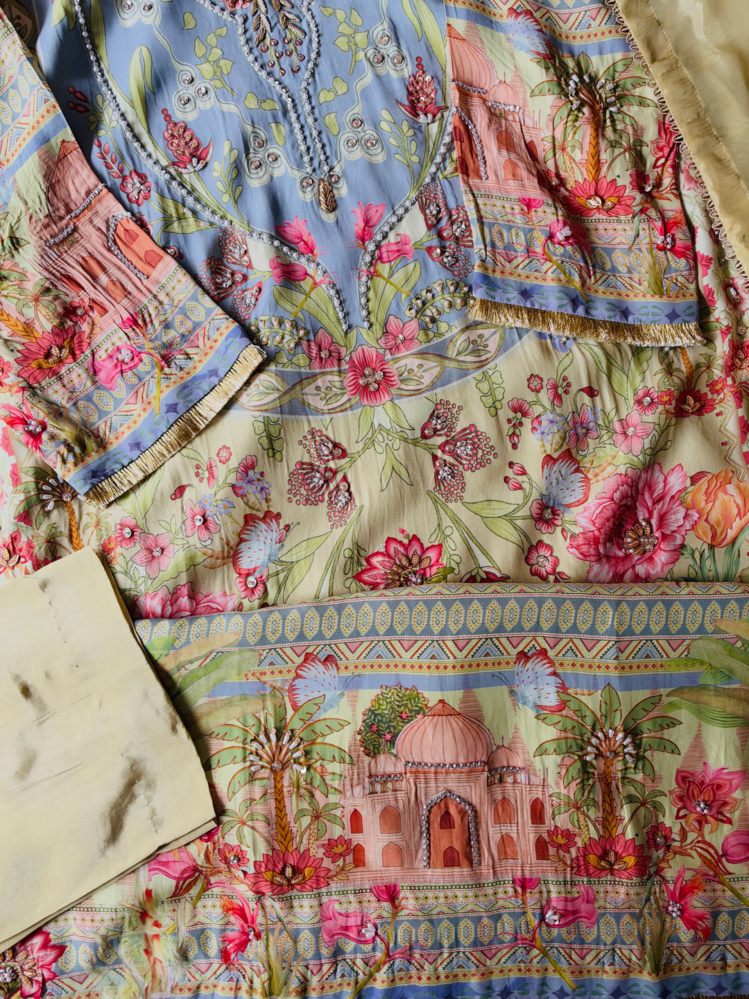 HANDWORK PURE CREPE SILK KAFTAN SET SFKF55