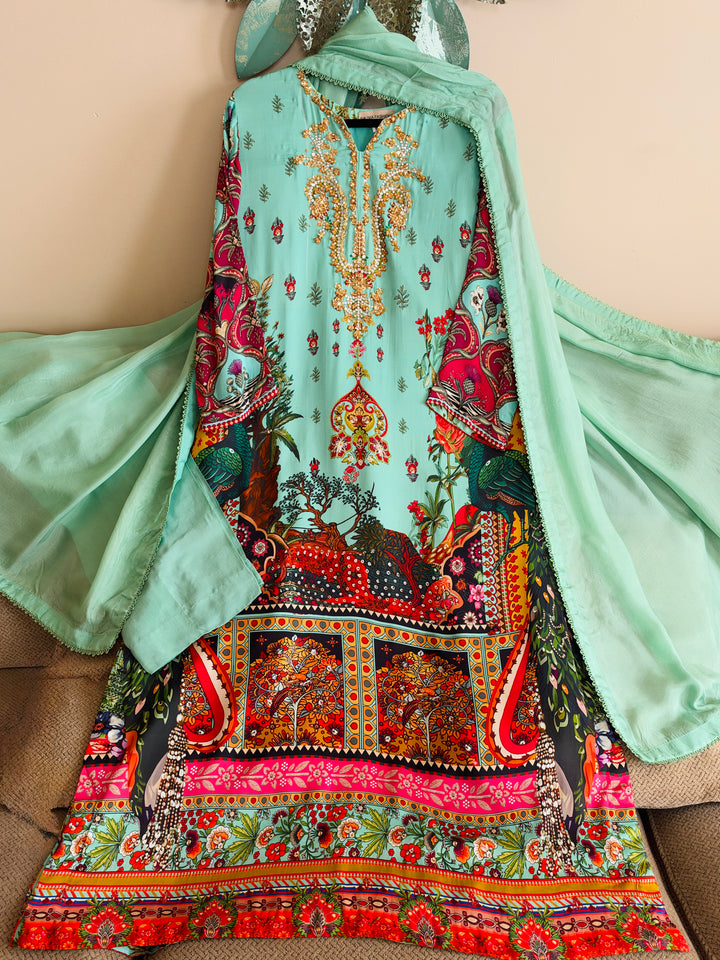 HANDWORK PURE CREPE SILK KAFTAN SET SFKF46