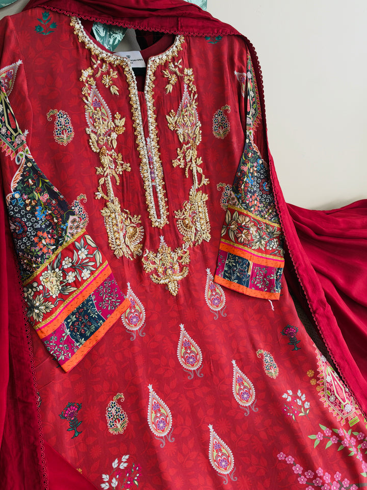 HANDWORK PURE CREPE SILK KAFTAN SET SFKF45
