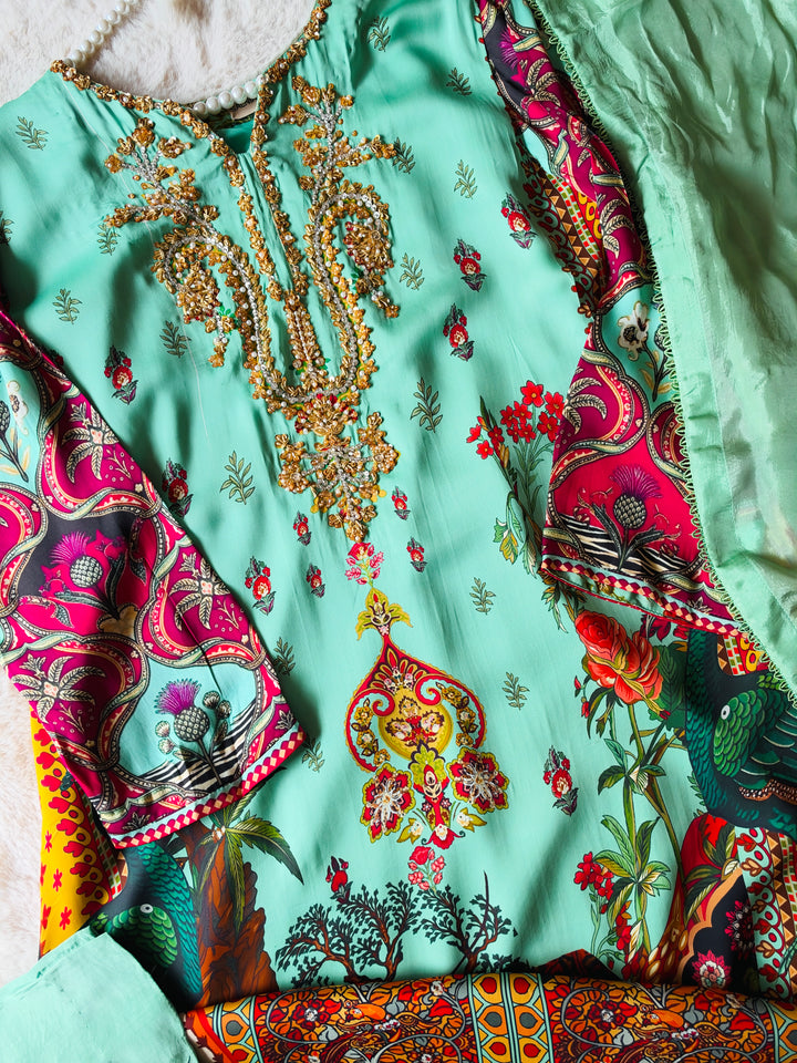 HANDWORK PURE CREPE SILK KAFTAN SET SFKF46