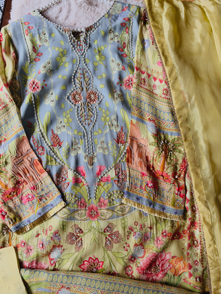 HANDWORK PURE CREPE SILK KAFTAN SET SFKF55