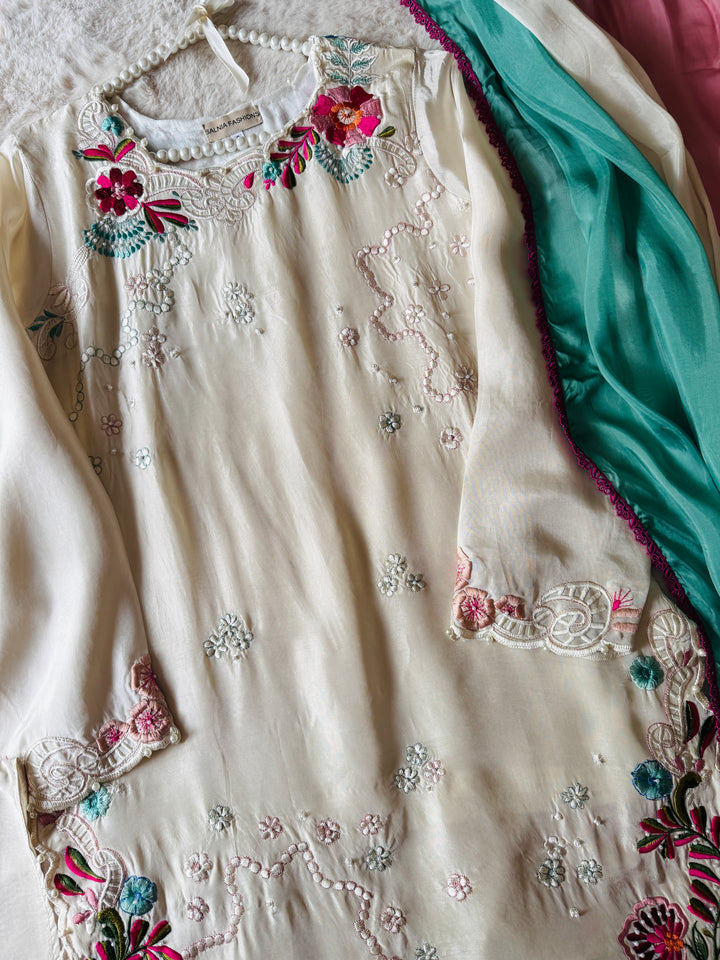 CUTWORK EMBROIDERED PURE SILK SUIT CTSH03