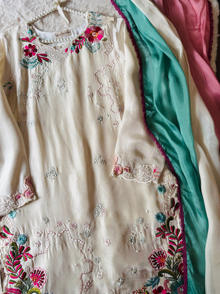 CUTWORK EMBROIDERED PURE SILK SUIT CTSH03