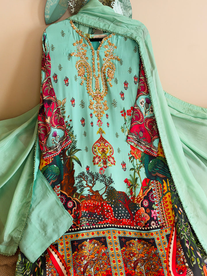 HANDWORK PURE CREPE SILK KAFTAN SET SFKF46