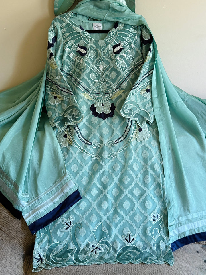 EMBROIDERED CUTWORK APPLIQUE KHAADI JAQUARD SUIT FRSH72