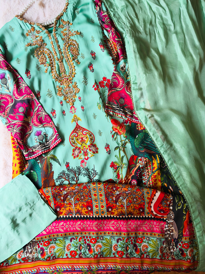 HANDWORK PURE CREPE SILK KAFTAN SET SFKF46