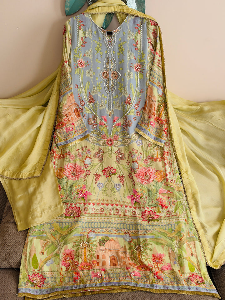 HANDWORK PURE CREPE SILK KAFTAN SET SFKF55