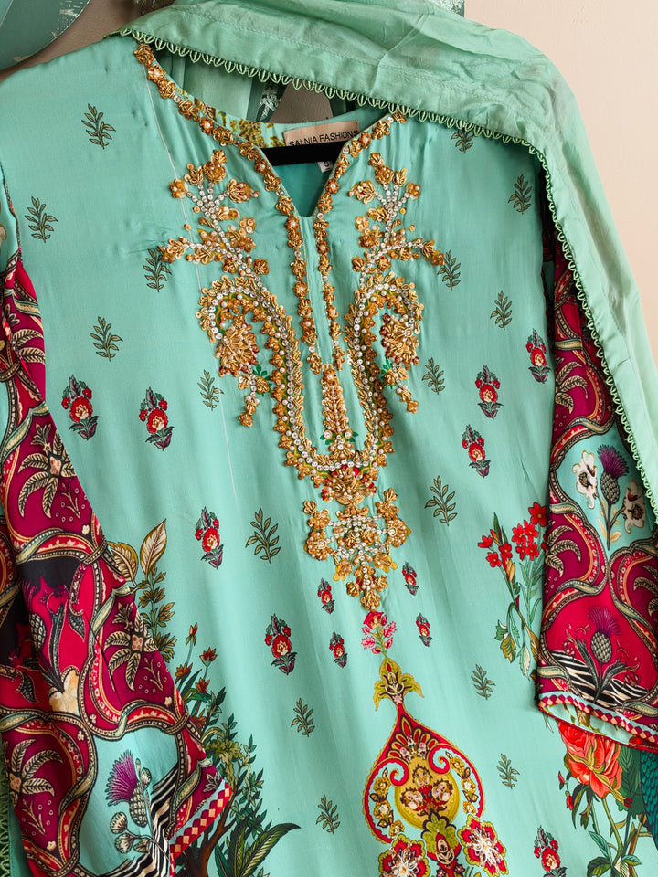 HANDWORK PURE CREPE SILK KAFTAN SET SFKF46