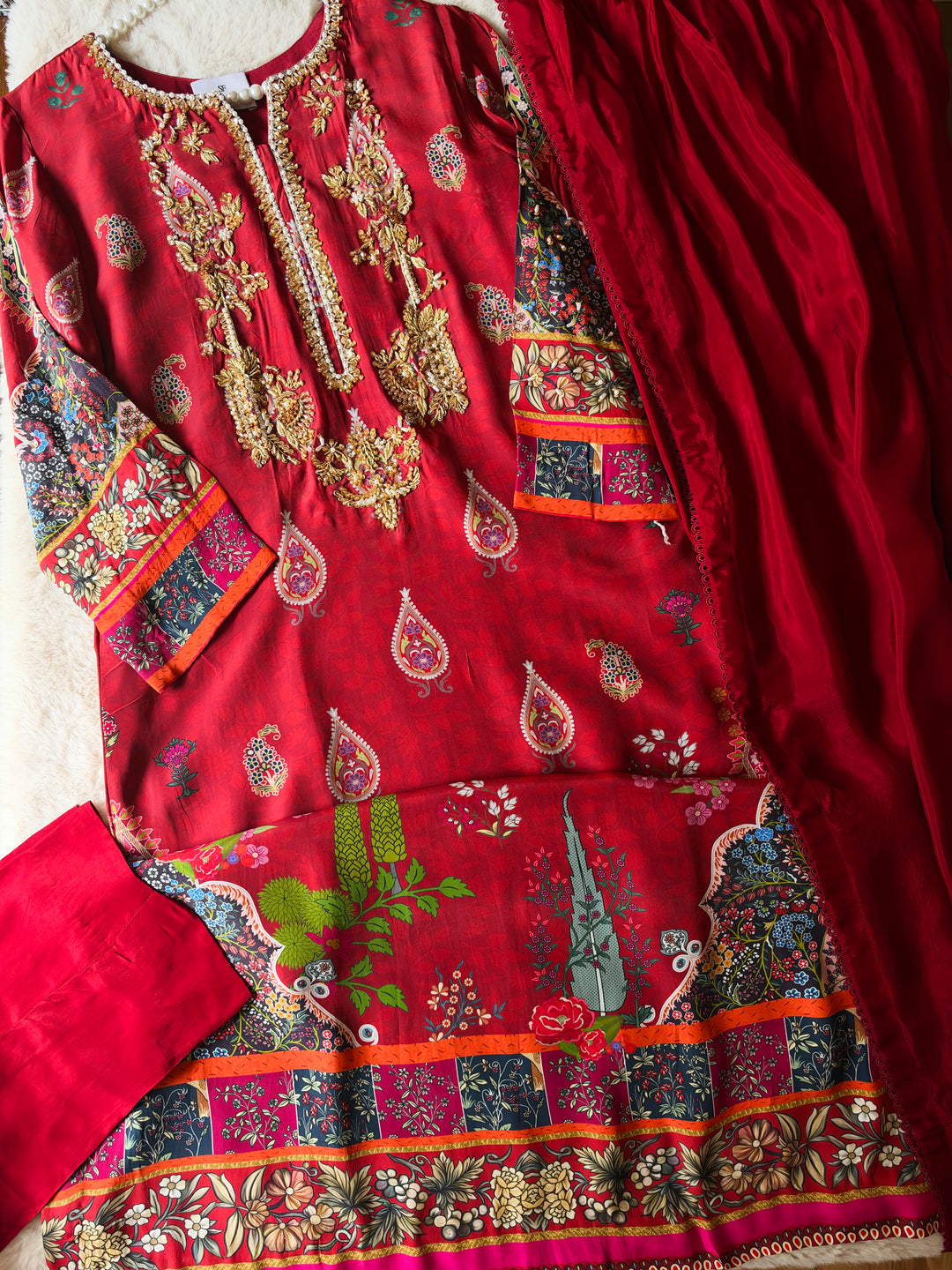 HANDWORK PURE CREPE SILK KAFTAN SET SFKF45