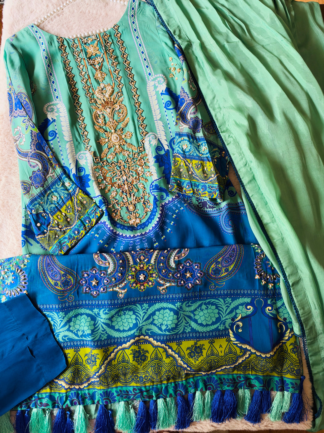 HANDWORK PURE CREPE SILK KAFTAN SET SFKF52