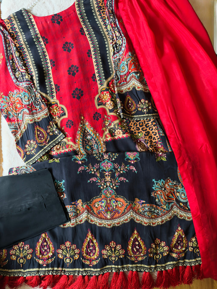 HANDWORK PURE CREPE SILK KAFTAN SET SFKF47