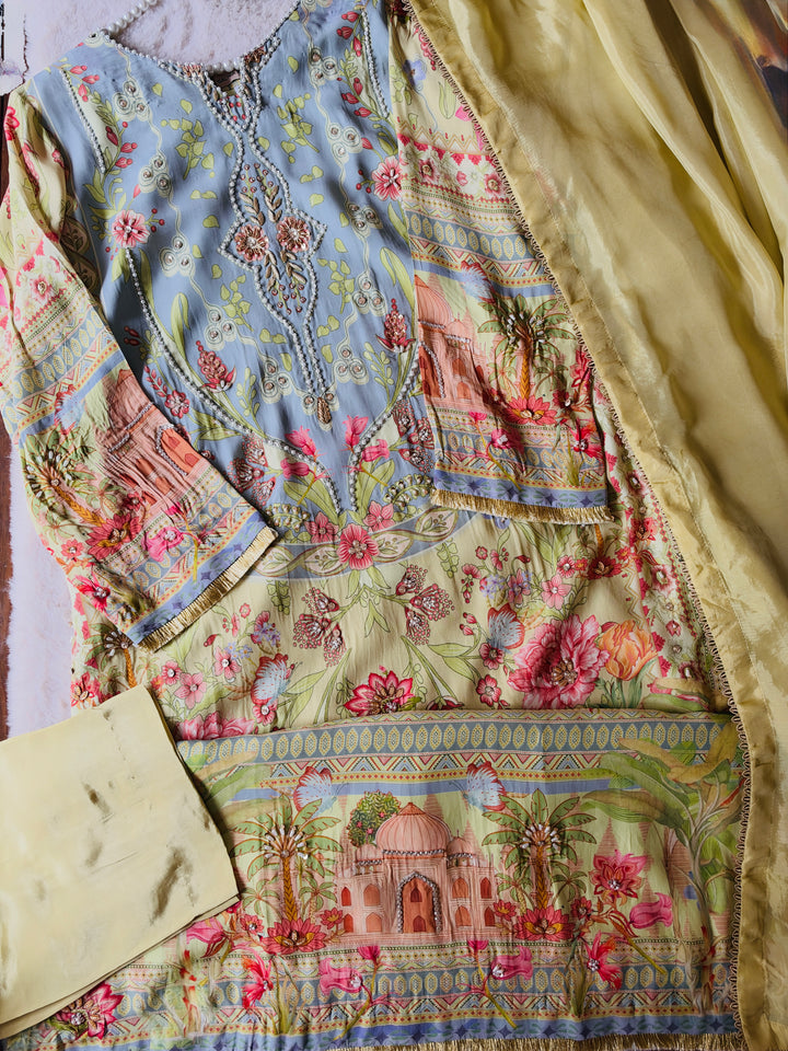 HANDWORK PURE CREPE SILK KAFTAN SET SFKF55
