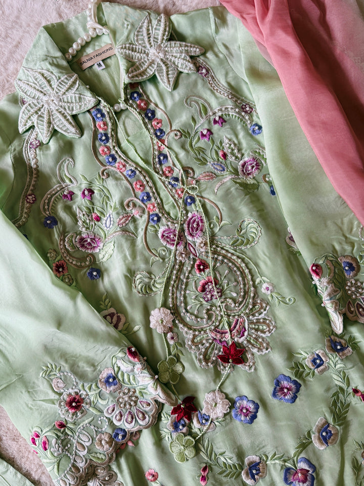 CUTWORK EMBROIDERED PURE SILK SUIT CTSH01