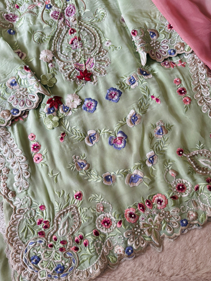 CUTWORK EMBROIDERED PURE SILK SUIT CTSH01