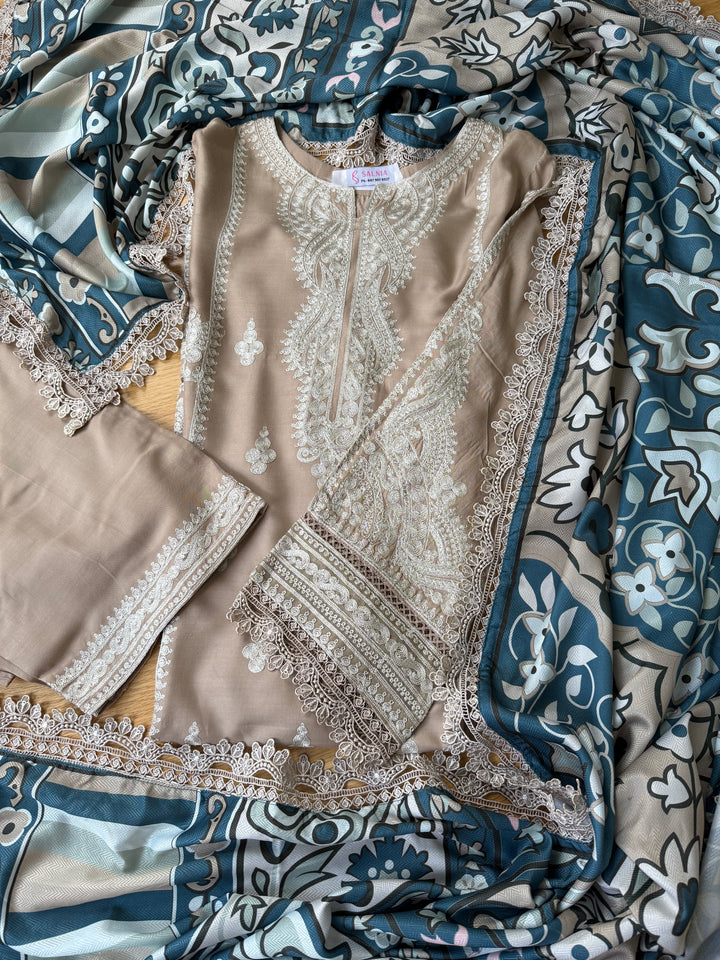 EMBROIDERED LINEN SUIT WITH WOOLEN SHAWL SFLN03