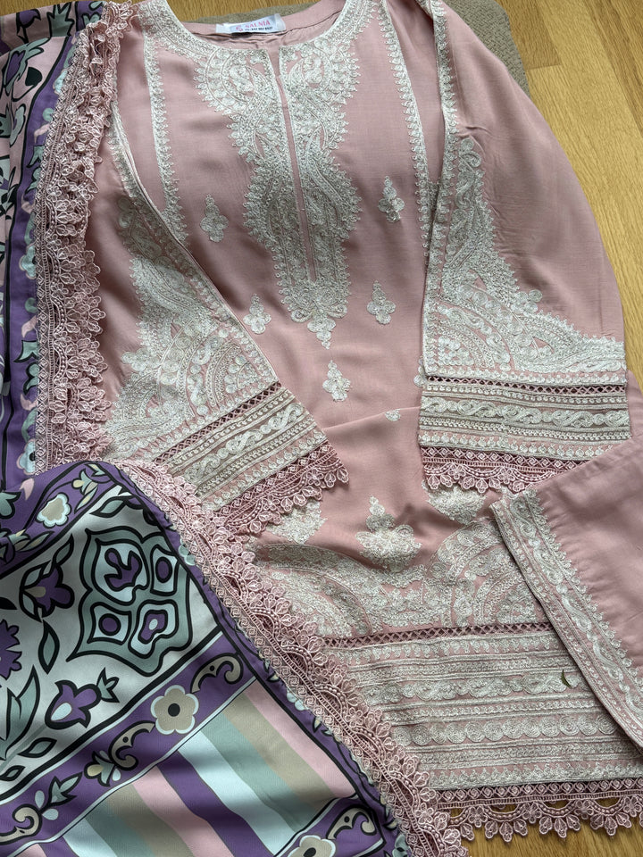 EMBROIDERED LINEN SUIT WITH WOOLEN SHAWL SFLN01