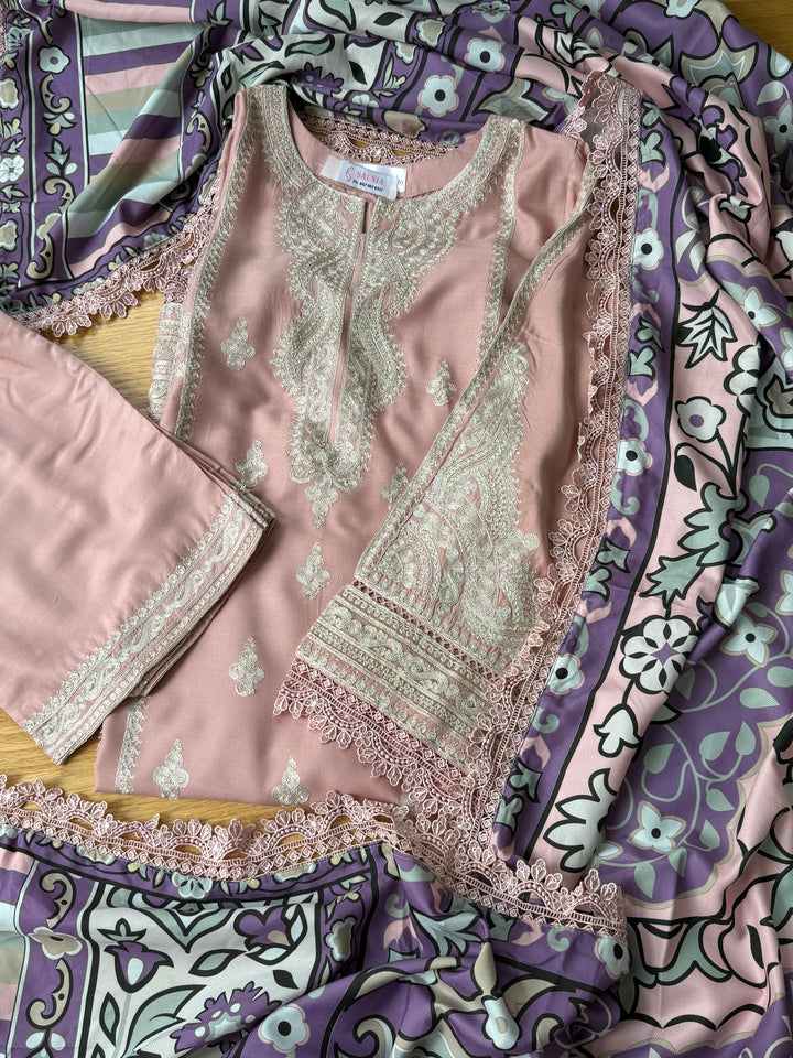 EMBROIDERED LINEN SUIT WITH WOOLEN SHAWL SFLN01