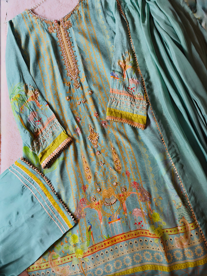 HANDWORK PURE CREPE SILK KAFTAN SET SFKF39