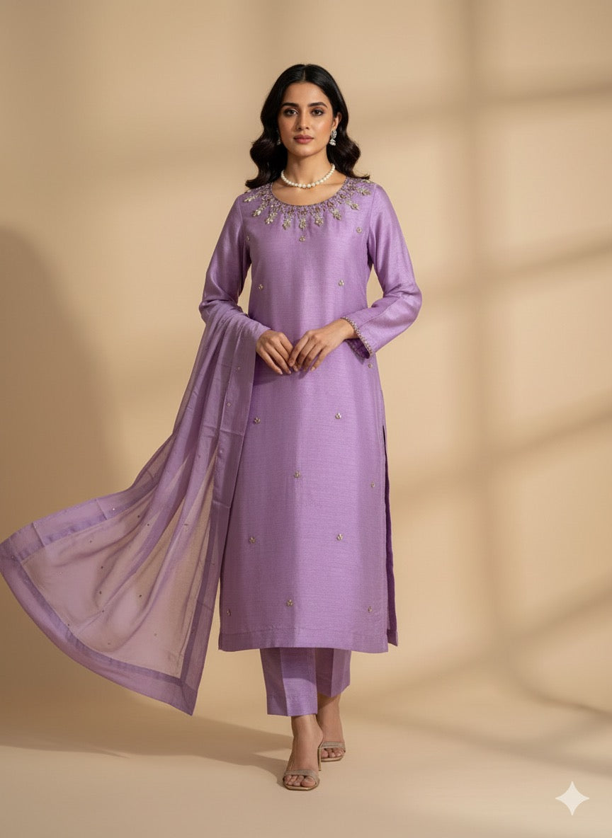 JEWEL EMBELLISHED RAW SILK SUIT FRSH21