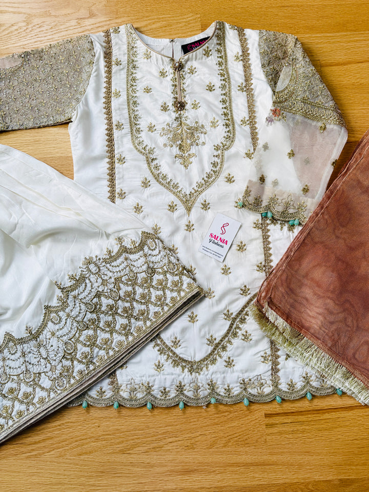 EMBROIDERED GHARARA KIDS 3-PC SUIT WHITE ALKD50