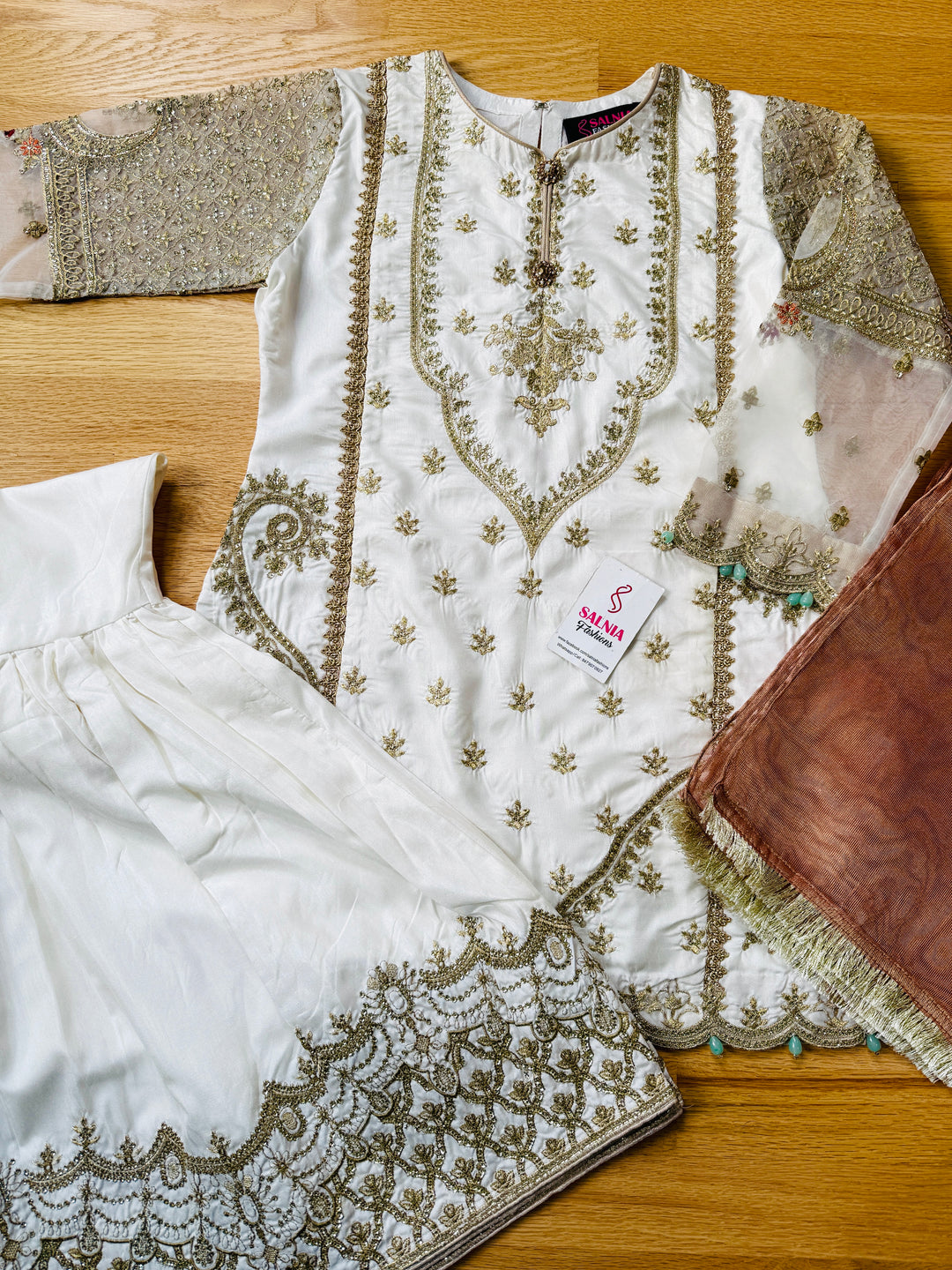 EMBROIDERED GHARARA KIDS 3-PC SUIT WHITE ALKD50