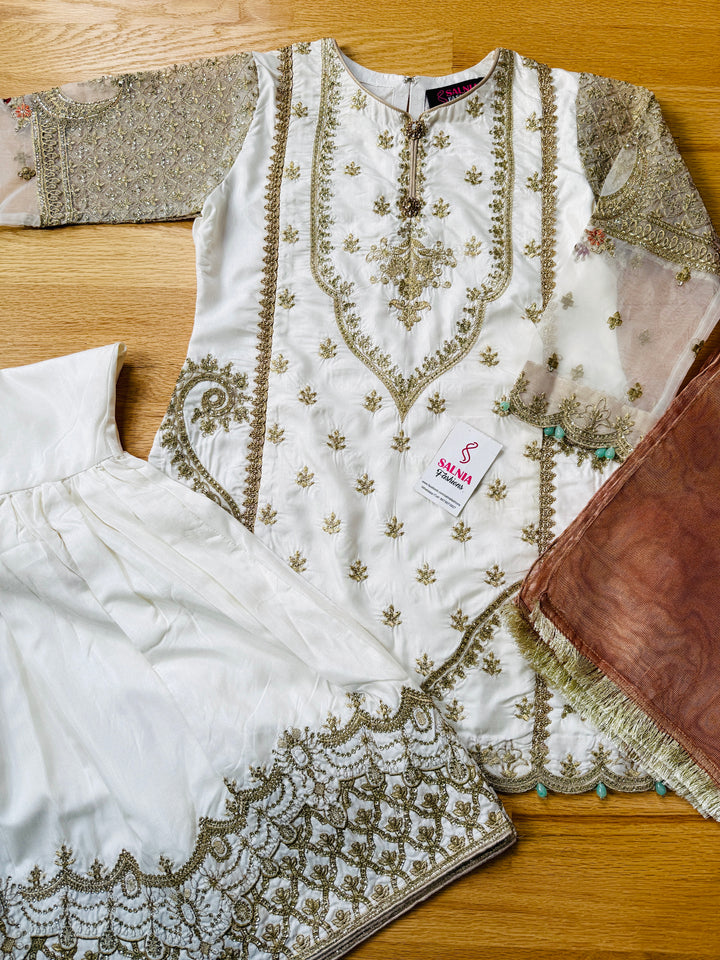 EMBROIDERED GHARARA KIDS 3-PC SUIT WHITE ALKD50