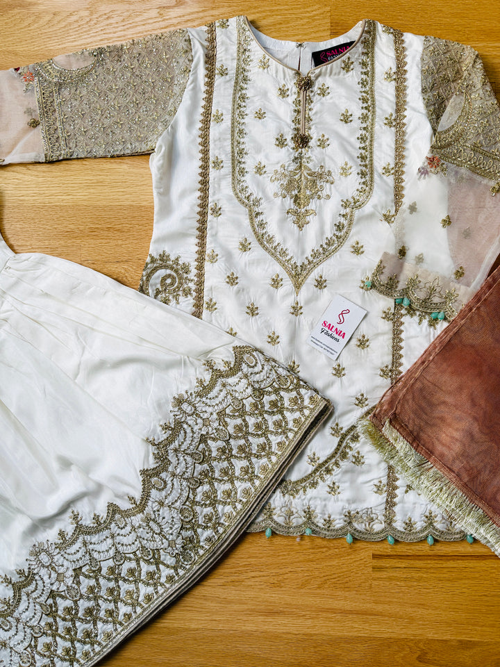EMBROIDERED GHARARA KIDS 3-PC SUIT WHITE ALKD50