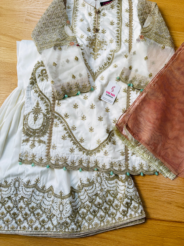 EMBROIDERED GHARARA KIDS 3-PC SUIT WHITE ALKD50
