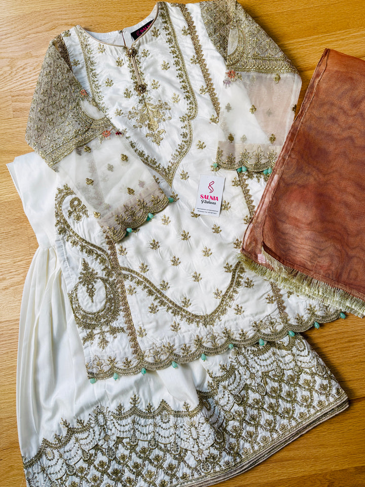 EMBROIDERED GHARARA KIDS 3-PC SUIT WHITE ALKD50