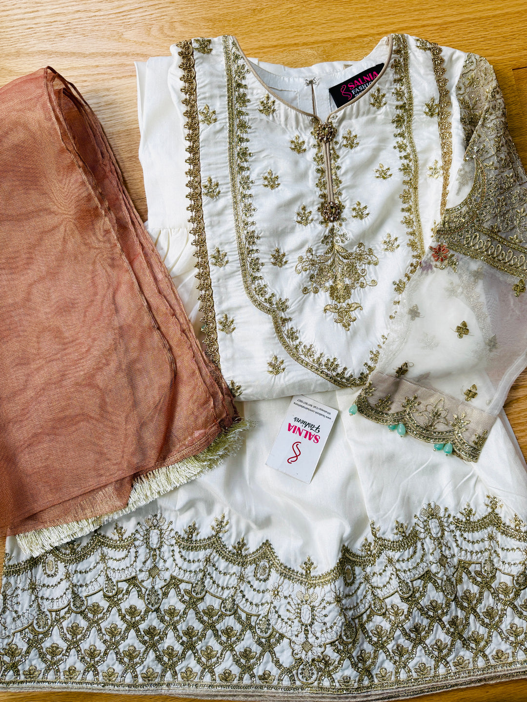 EMBROIDERED GHARARA KIDS 3-PC SUIT WHITE ALKD50