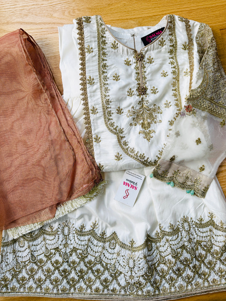 EMBROIDERED GHARARA KIDS 3-PC SUIT WHITE ALKD50