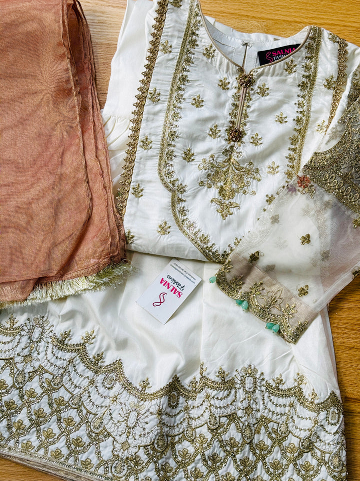 EMBROIDERED GHARARA KIDS 3-PC SUIT WHITE ALKD50