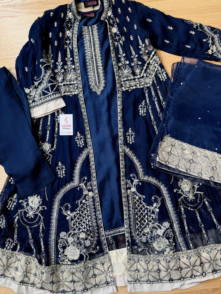 EMBROIDERED CHIFFON KIDS 3-PC SUIT NAVY BLUE JACKET ALKD55