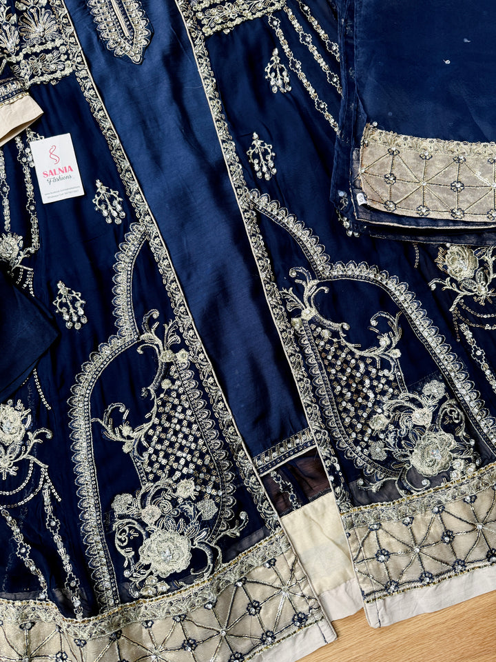 EMBROIDERED CHIFFON KIDS 3-PC SUIT NAVY BLUE JACKET ALKD55