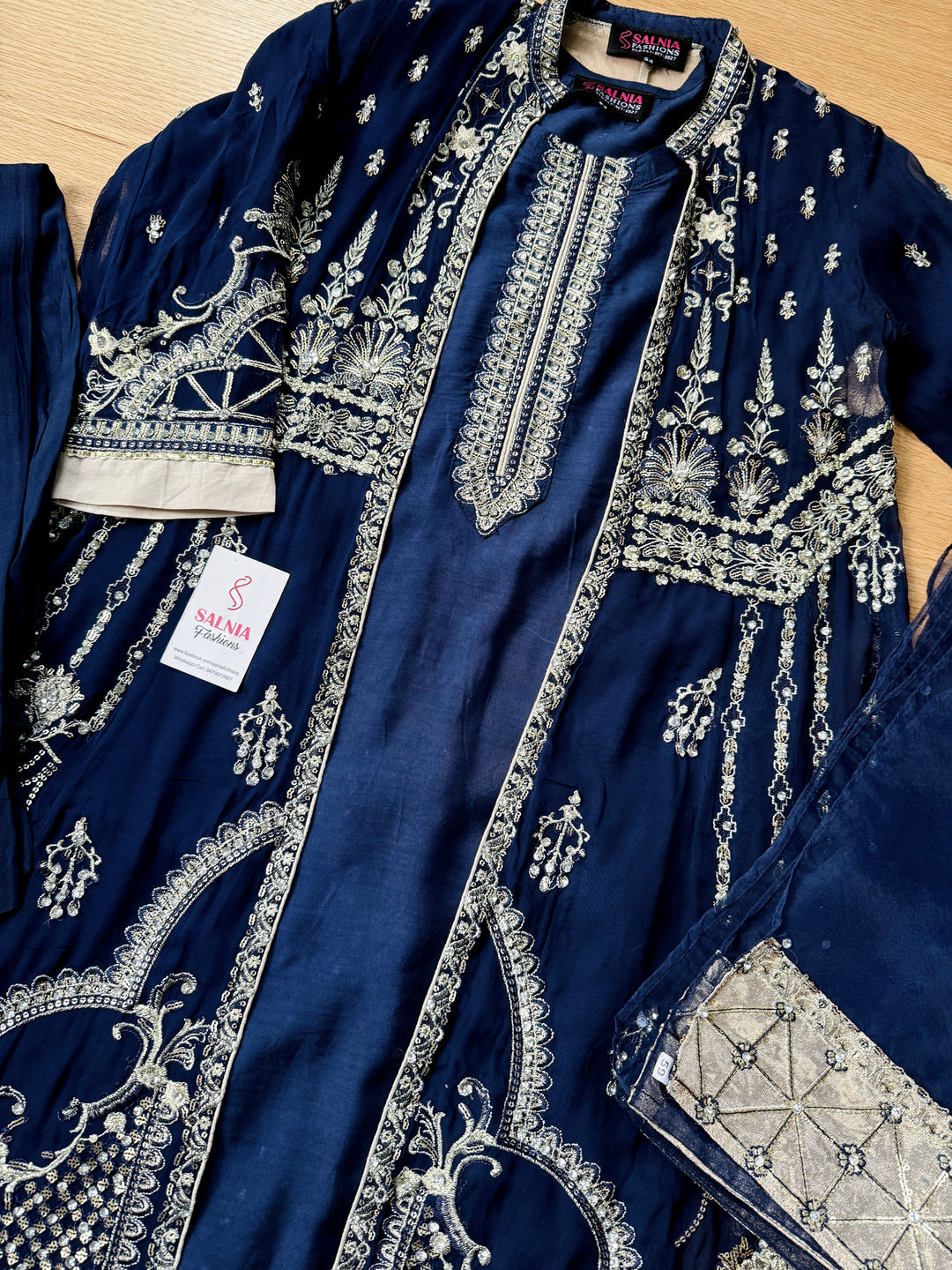 EMBROIDERED CHIFFON KIDS 3-PC SUIT NAVY BLUE JACKET ALKD55