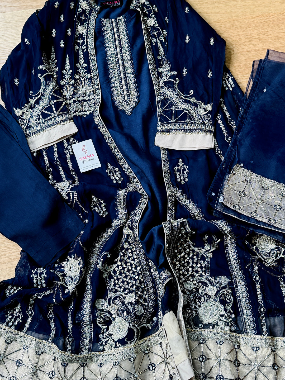EMBROIDERED CHIFFON KIDS 3-PC SUIT NAVY BLUE JACKET ALKD55