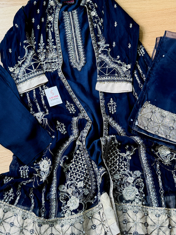EMBROIDERED CHIFFON KIDS 3-PC SUIT NAVY BLUE JACKET ALKD55