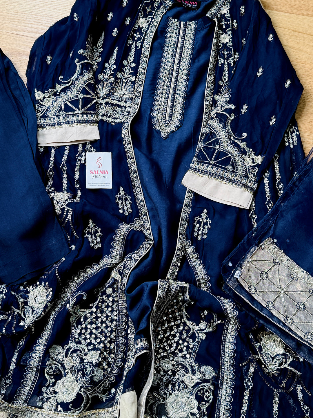 EMBROIDERED CHIFFON KIDS 3-PC SUIT NAVY BLUE JACKET ALKD55