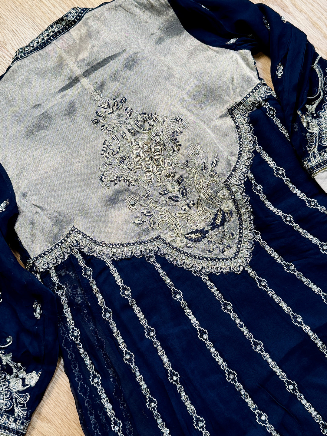 EMBROIDERED CHIFFON KIDS 3-PC SUIT NAVY BLUE JACKET ALKD55
