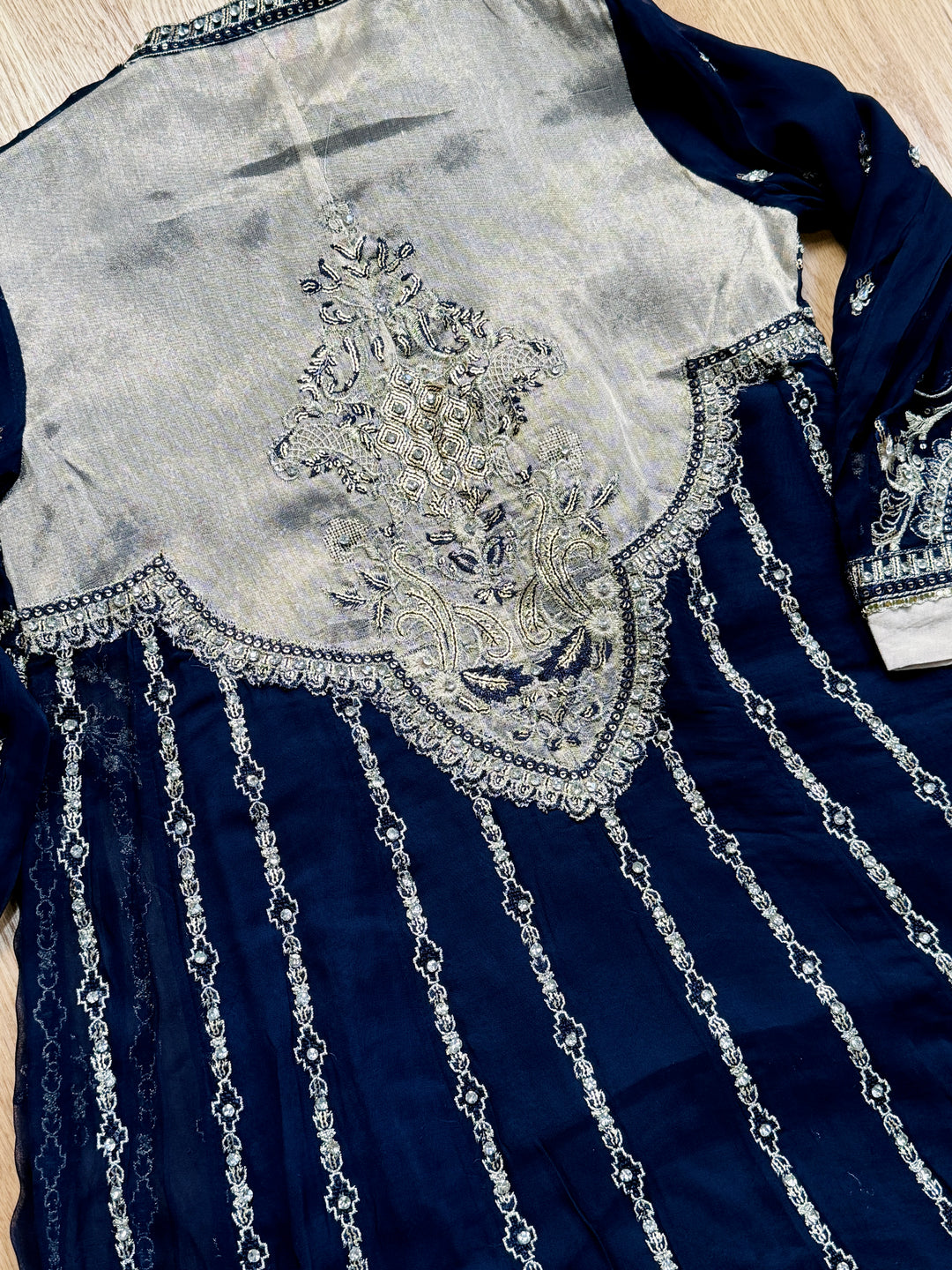 EMBROIDERED CHIFFON KIDS 3-PC SUIT NAVY BLUE JACKET ALKD55