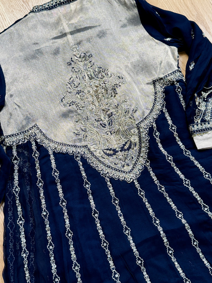 EMBROIDERED CHIFFON KIDS 3-PC SUIT NAVY BLUE JACKET ALKD55