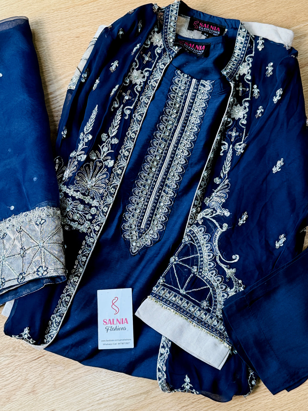 EMBROIDERED CHIFFON KIDS 3-PC SUIT NAVY BLUE JACKET ALKD55
