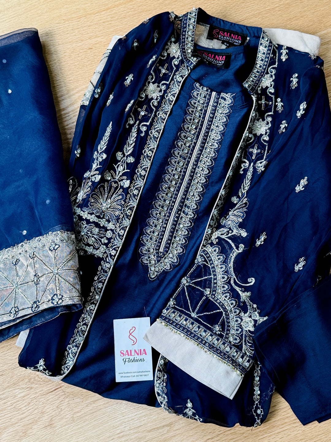 EMBROIDERED CHIFFON KIDS 3-PC SUIT NAVY BLUE JACKET ALKD55
