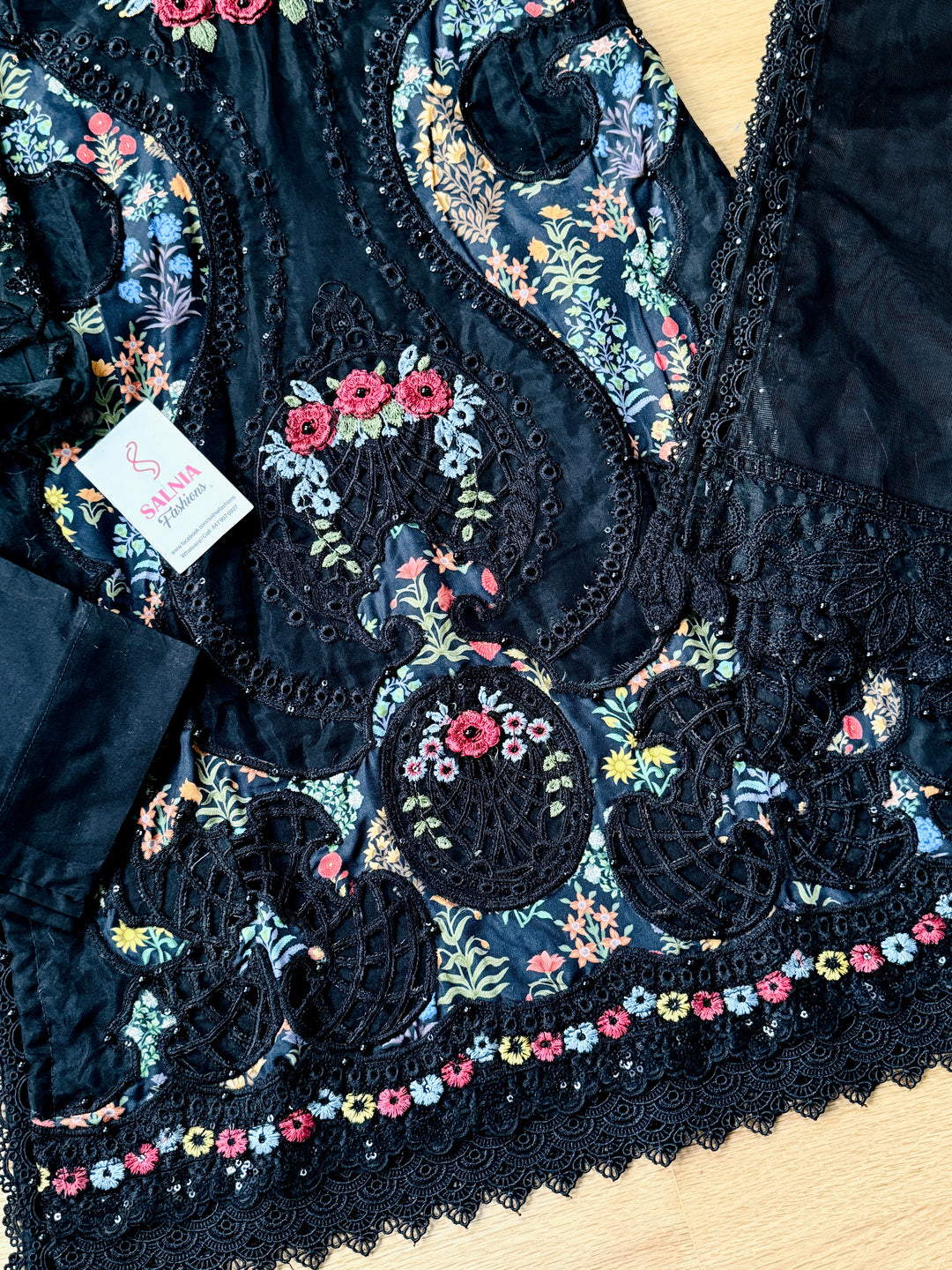 EMBROIDERED ORGANZA KIDS 3-PC SUIT BLACK ALKD60
