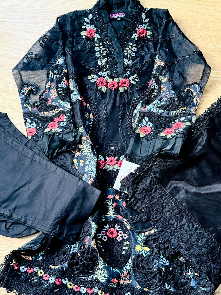 EMBROIDERED ORGANZA KIDS 3-PC SUIT BLACK ALKD60